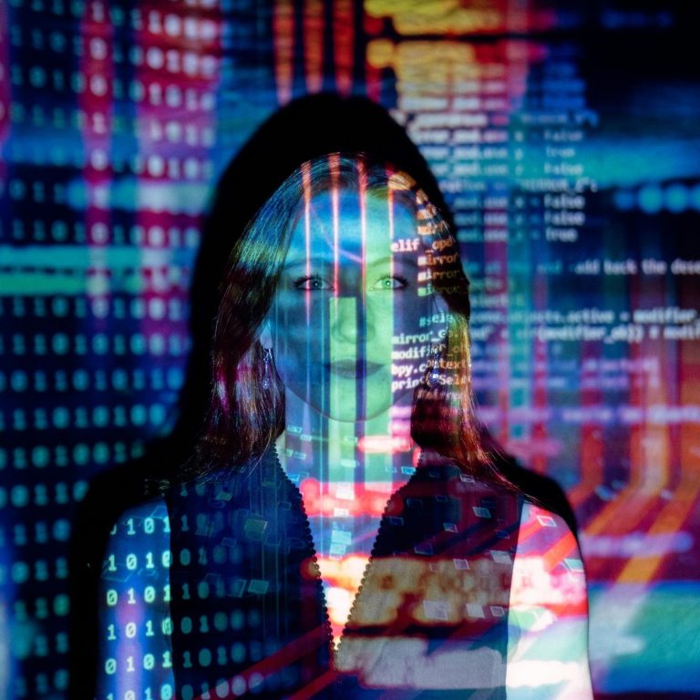 Picture of woman with an overlay of computing screens and numbers