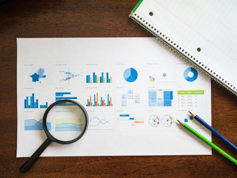 picture showing graphs, magnifier, stationery and glasses